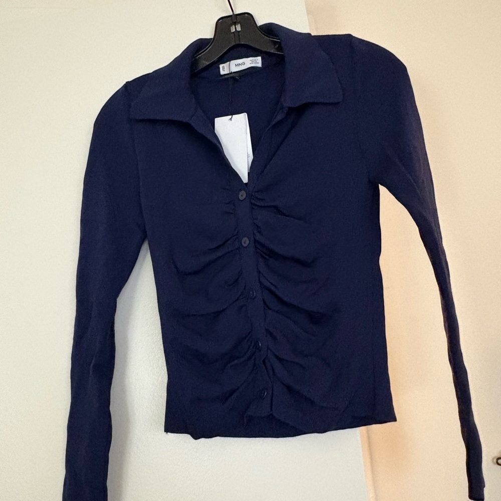 Mango Navy Ruched Button-Down Shirt